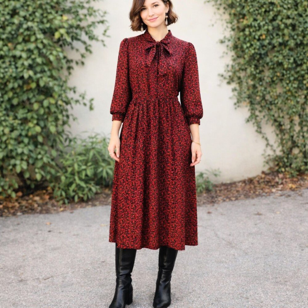 Vtg Sabino 70s Cottagecore Red & Black Floral Bow Neck Secretary Midi Dress LP